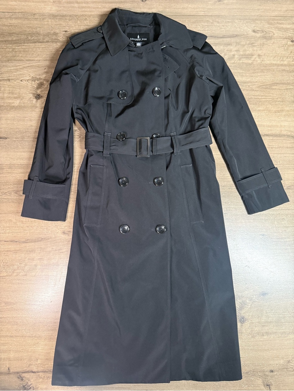 London Fog Trench Coat Womens M Black Long Double Breasted Belted Raincoat